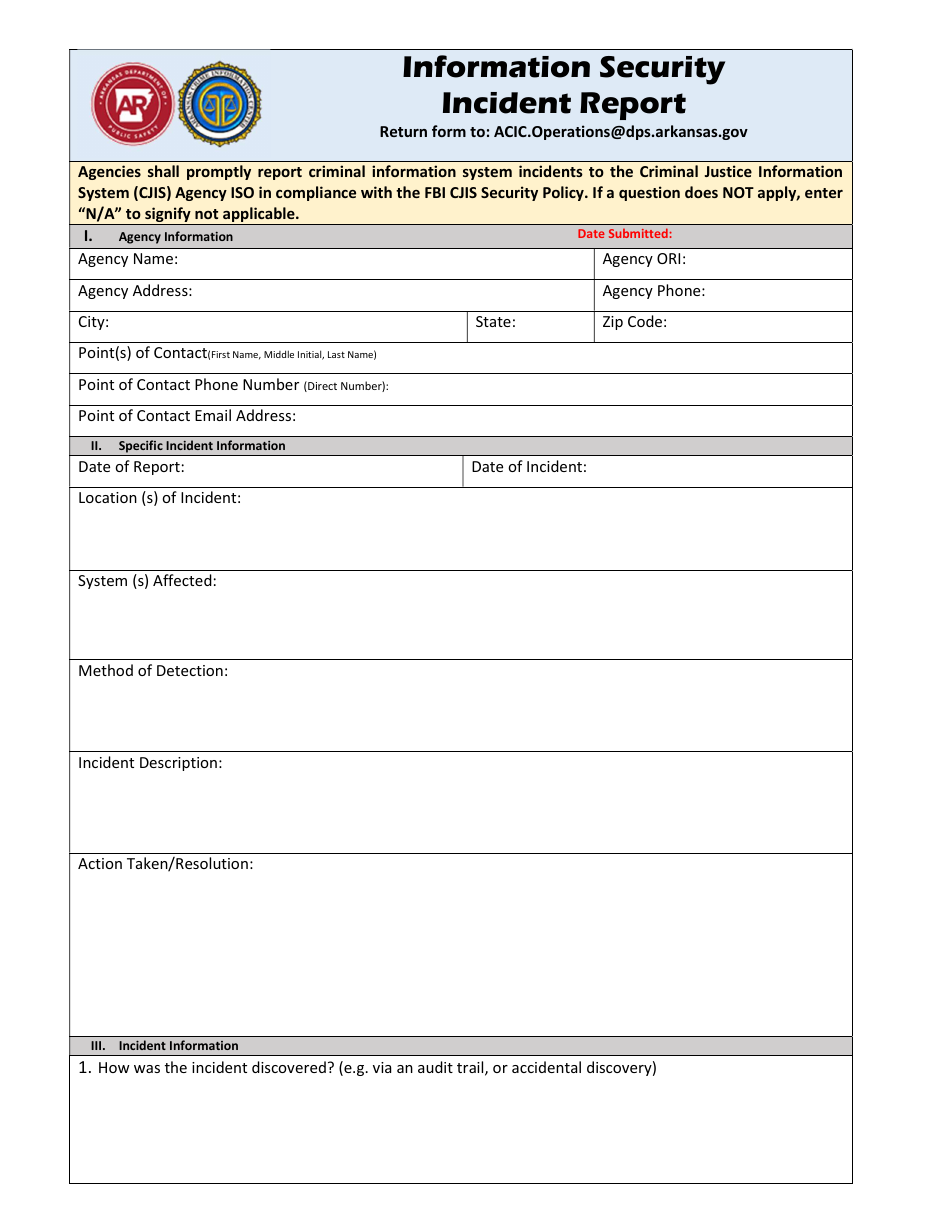 Information Security Incident Report - Arkansas, Page 1