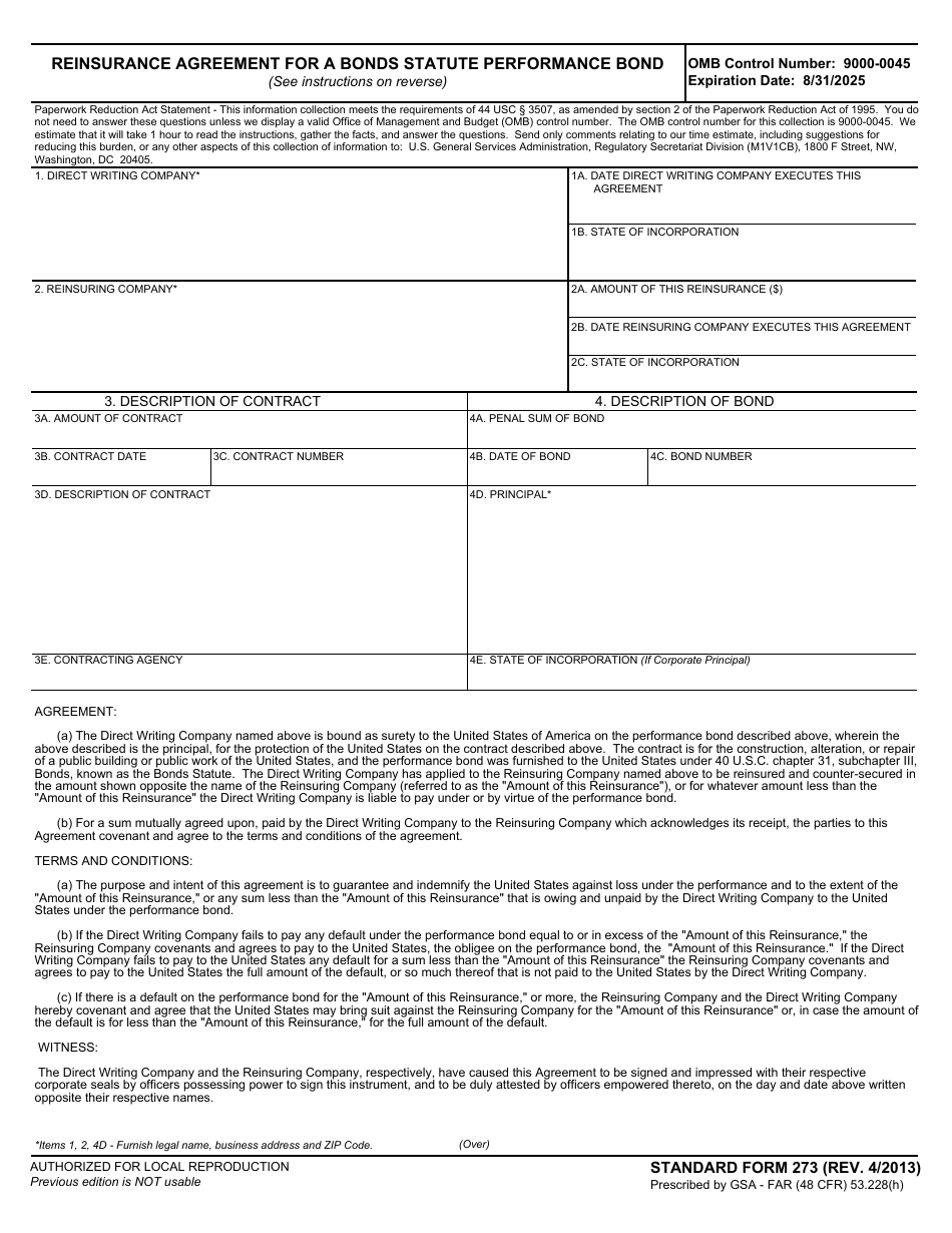Form SF-273 Reinsurance Agreement for a Bonds Statute Performance Bond, Page 1