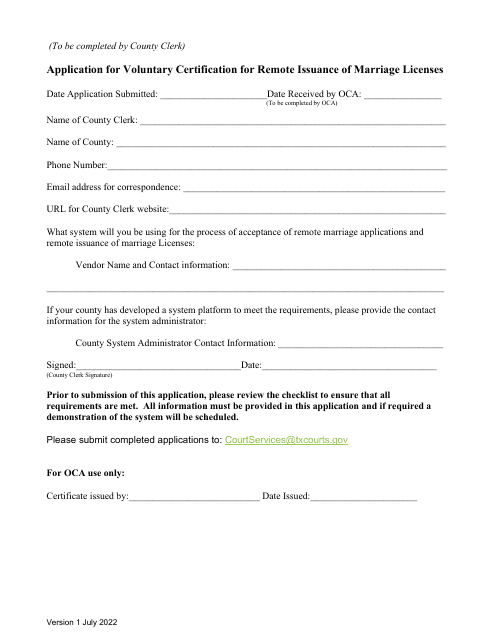 Application for Voluntary Certification for Remote Issuance of Marriage Licenses - Texas Download Pdf