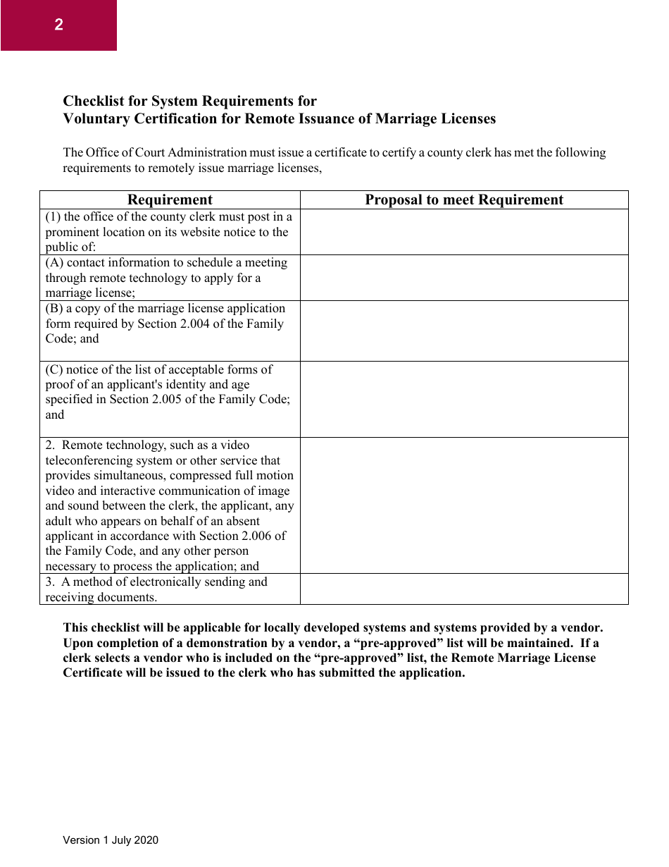 Application for Voluntary Certification for Remote Issuance of Marriage Licenses - Texas, Page 2