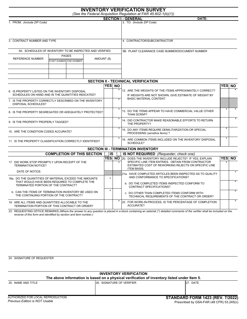 Form SF-1423 Download Fillable PDF or Fill Online Inventory ...