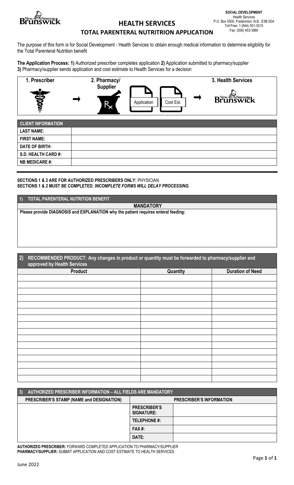 Total Parenteral Nutrition Application - New Brunswick, Canada, Page 1
