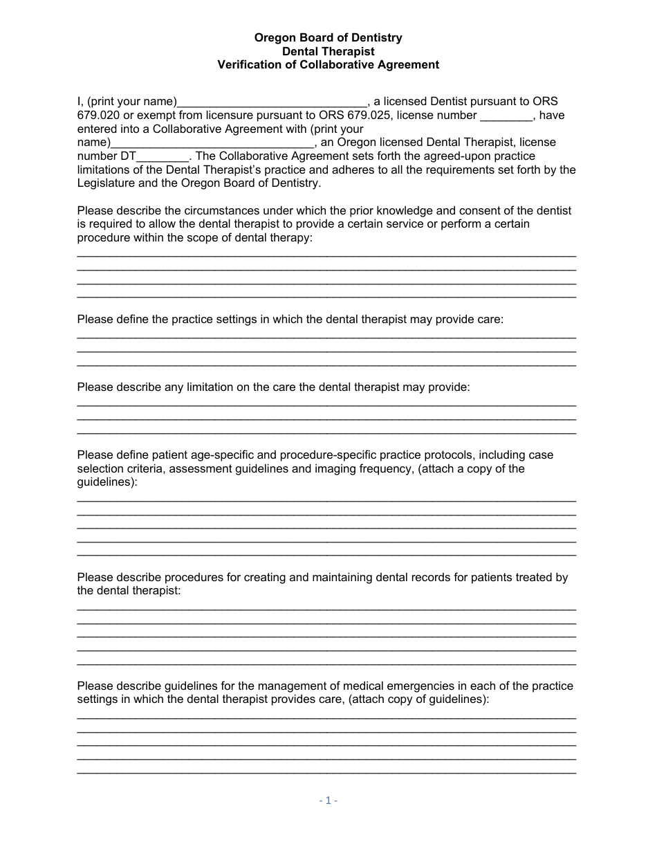 Verification of Collaborative Agreement - Oregon, Page 1