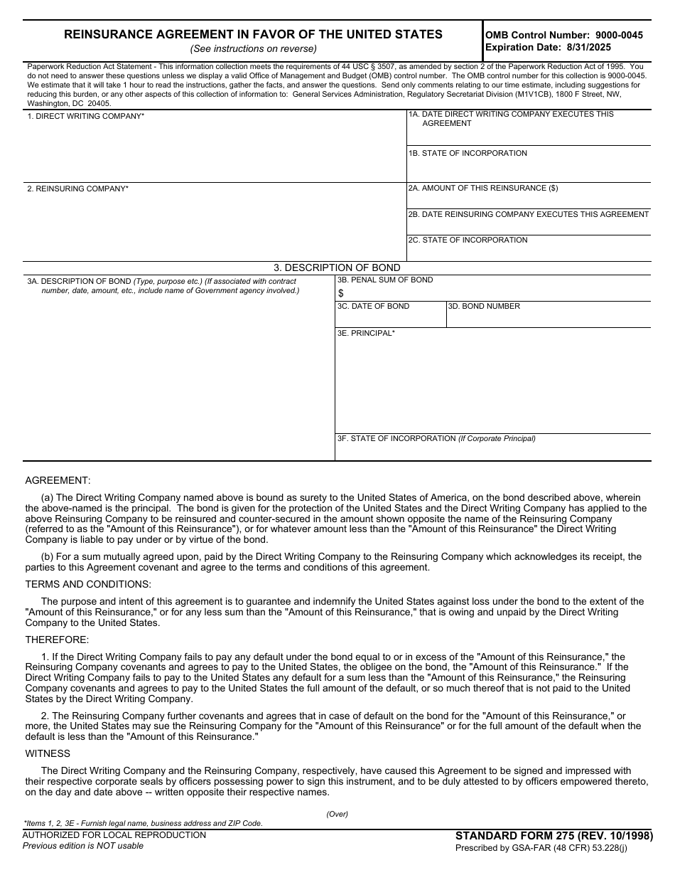 Form SF-275 Reinsurance Agreement in Favor of the United States, Page 1
