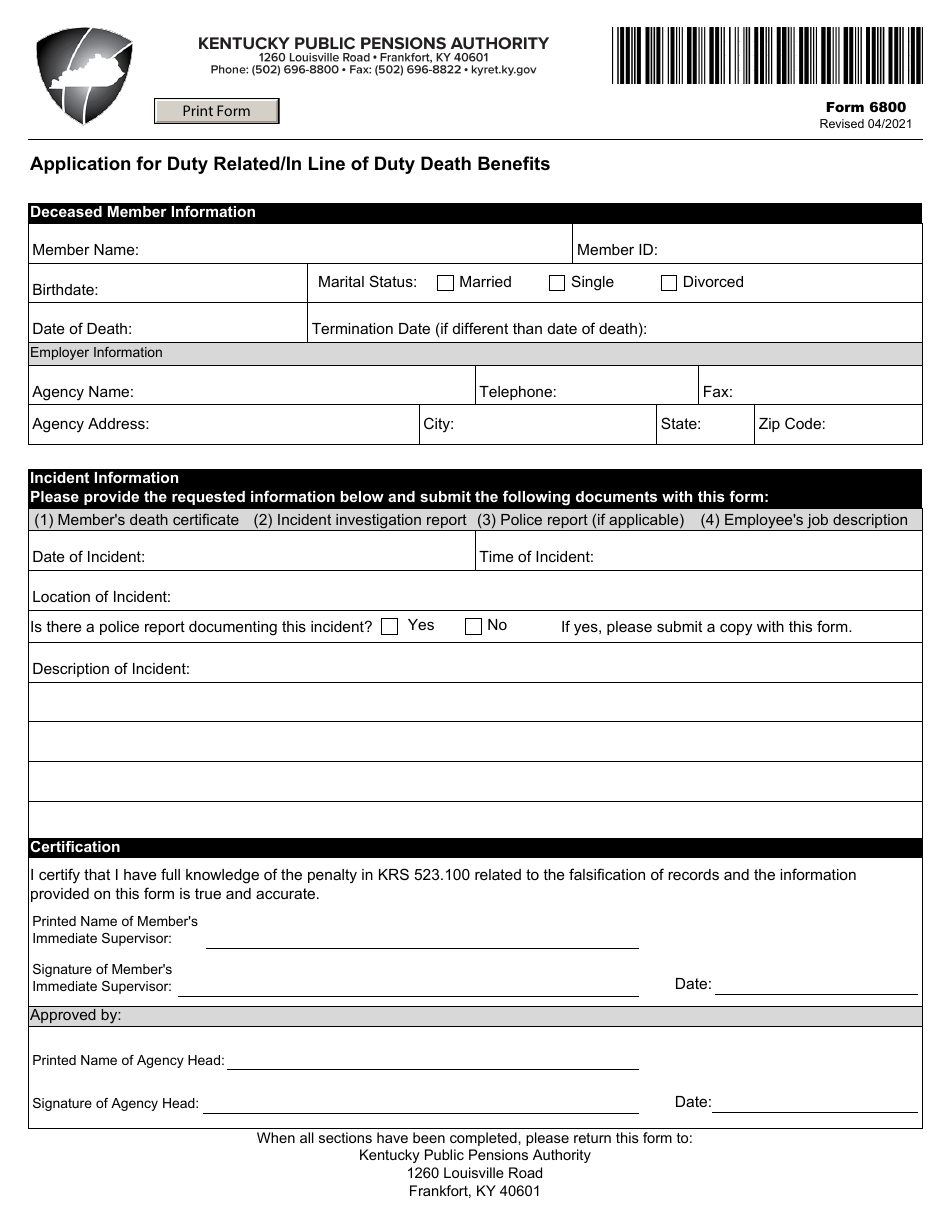 Form 6800 Application for Duty Related / In Line of Duty Death Benefits - Kentucky, Page 1