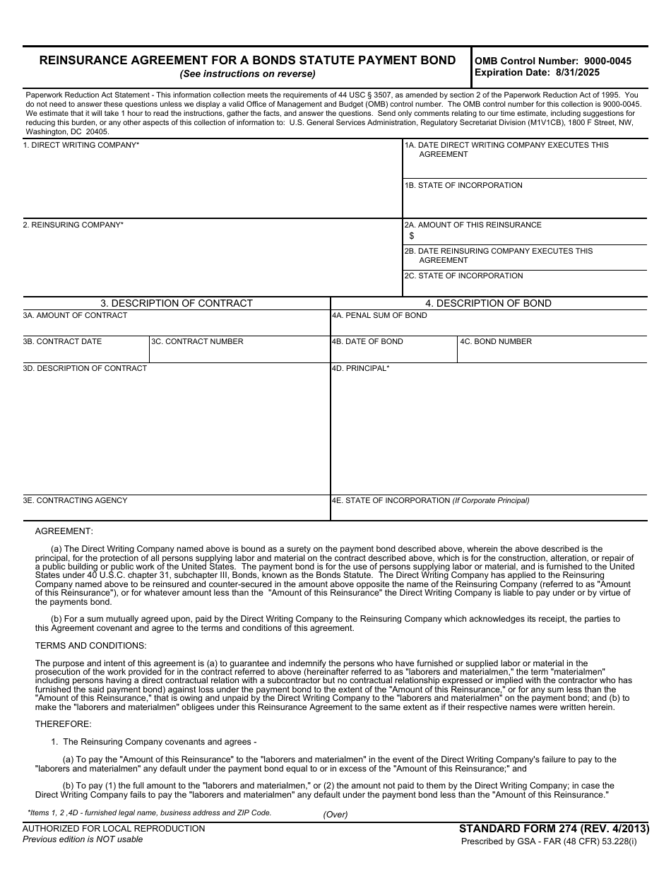 Form SF-274 Reinsurance Agreement for a Bonds Statute Payment Bond, Page 1