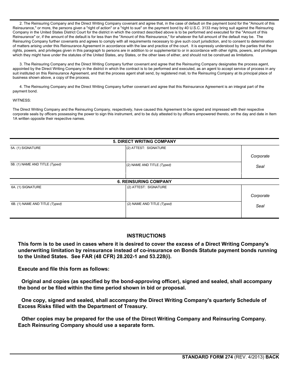 Form SF-274 Reinsurance Agreement for a Bonds Statute Payment Bond, Page 2