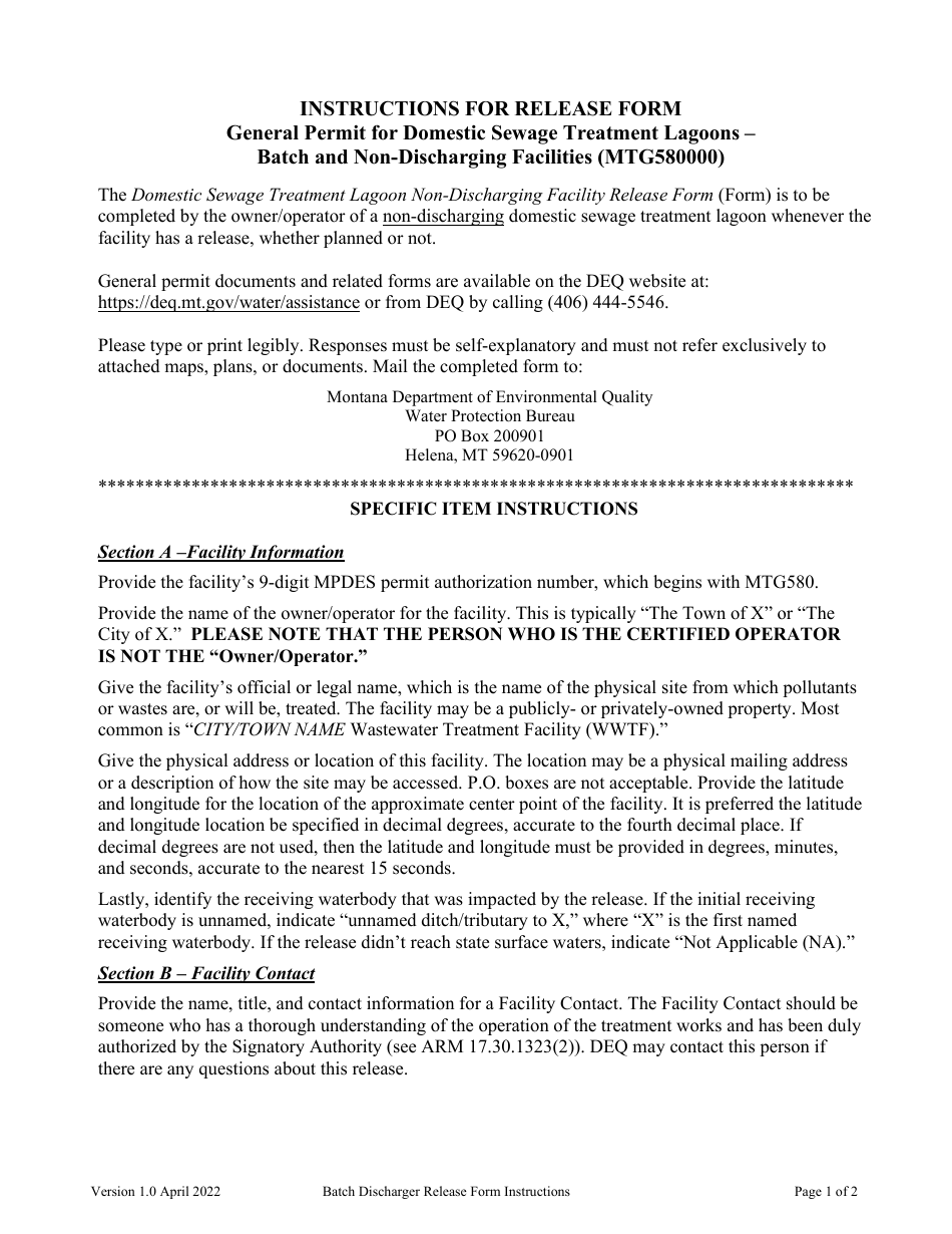 Instructions for Domestic Sewage Treatment Lagoon Non-discharging Facility Release Form - Montana, Page 1