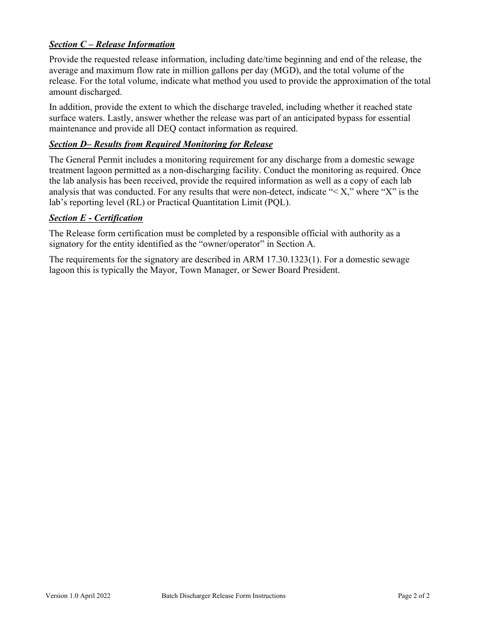Instructions for Domestic Sewage Treatment Lagoon Non-discharging Facility Release Form - Montana, Page 2