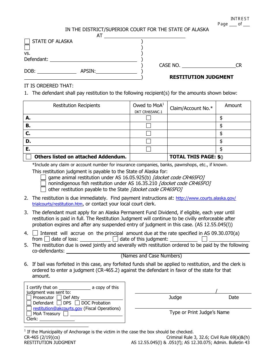 Form CR-465 Restitution Judgment With Continuation Sheet - Alaska, Page 1