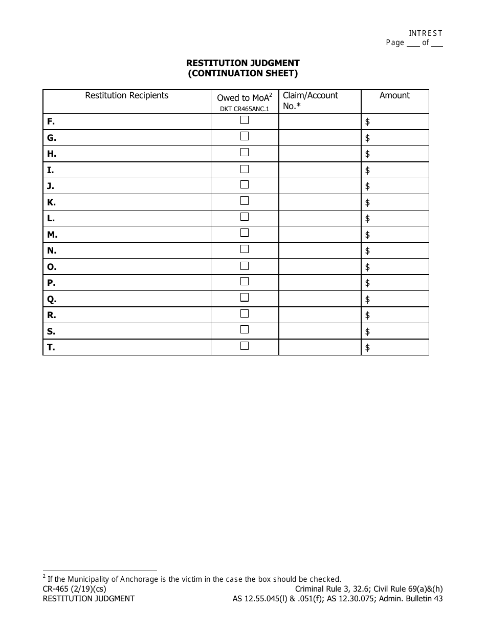 Form CR-465 Restitution Judgment With Continuation Sheet - Alaska, Page 2