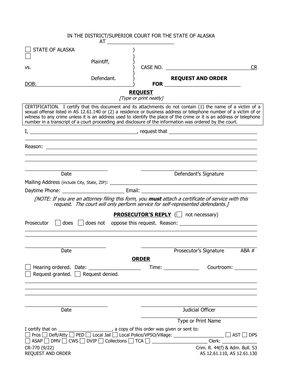 Form CR-770 Request and Order - Alaska, Page 1