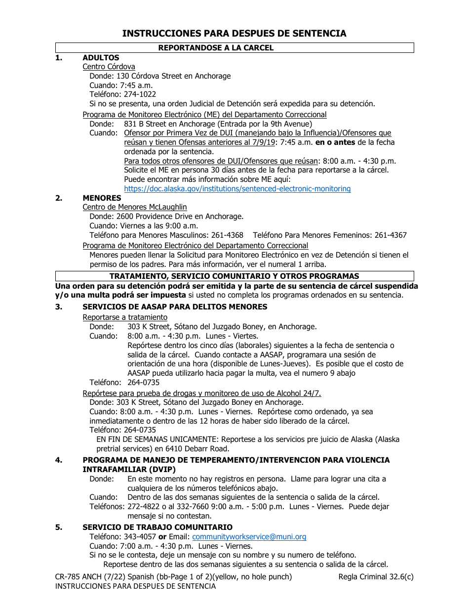 Formulario CR-785 ANCH Instrucciones Para Despues De Sentencia - Alaska (Spanish), Page 1