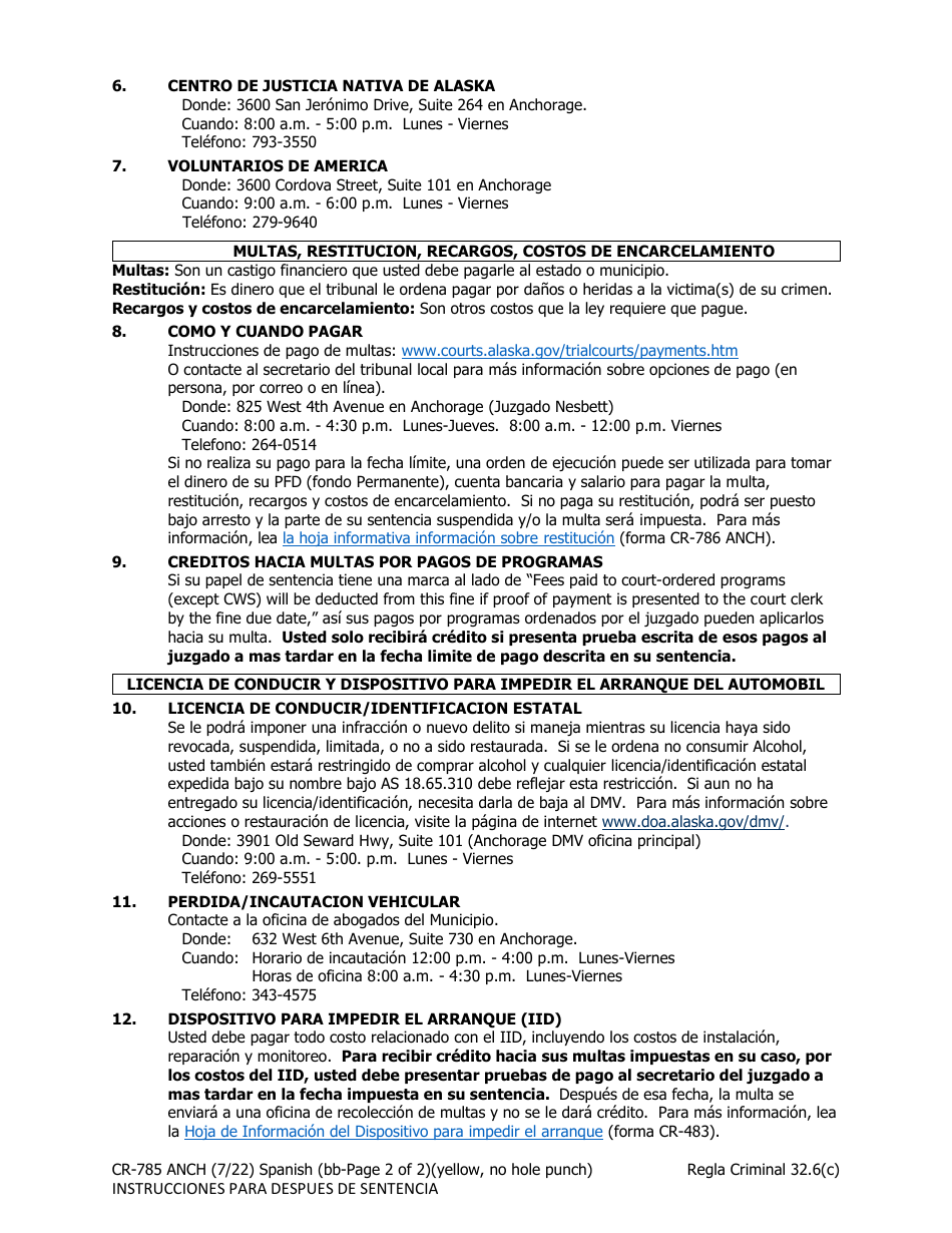 Formulario CR-785 ANCH Instrucciones Para Despues De Sentencia - Alaska (Spanish), Page 2