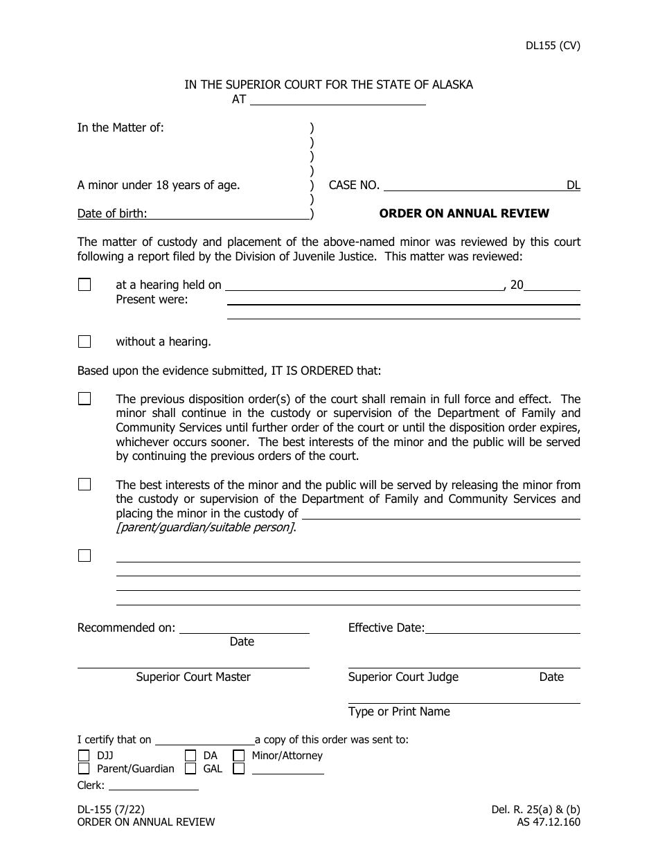Form DL-155 Order on Annual Review - Alaska, Page 1