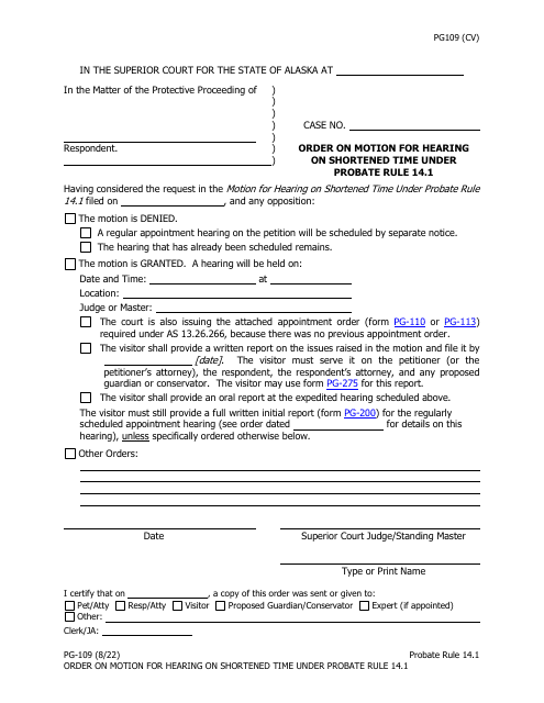 Form PG-109 Order on Motion for Hearing on Shortened Time Under Probate Rule 14.1 - Alaska