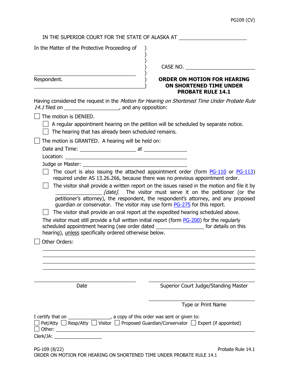 Form PG-109 Order on Motion for Hearing on Shortened Time Under Probate Rule 14.1 - Alaska, Page 1