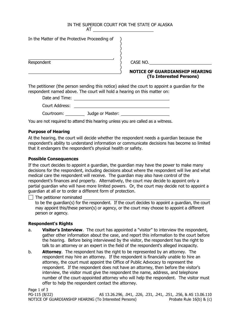 Form PG-115 Notice of Guardianship Hearing (To Interested Persons) - Alaska, Page 1