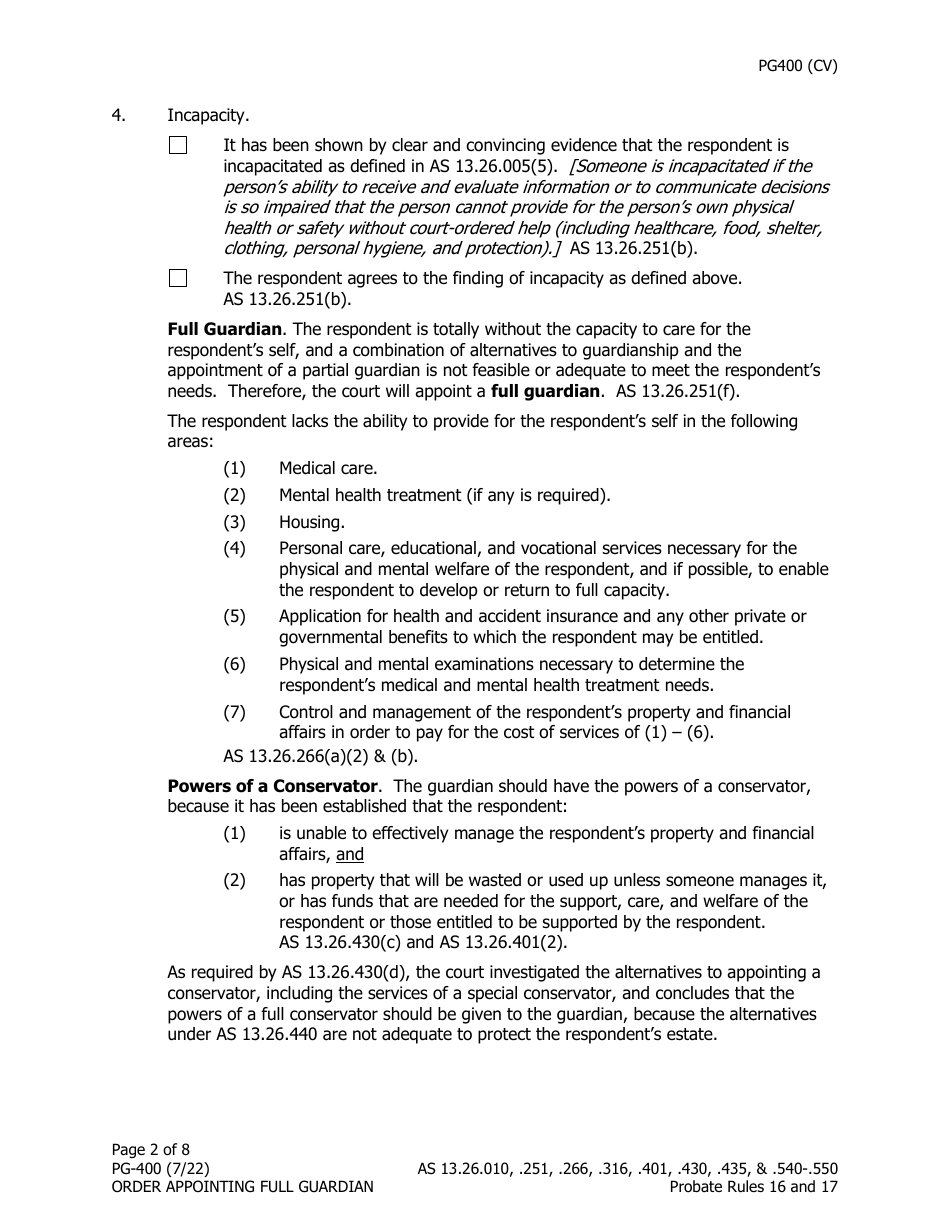 Form PG-400 Order Appointing Full Guardian With Powers of Conservator - Alaska, Page 2