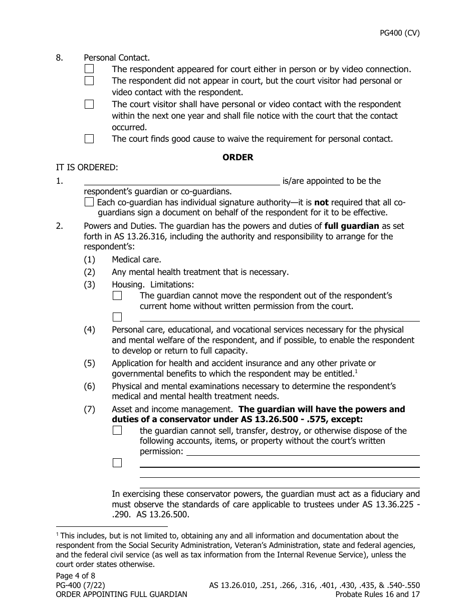 Form PG-400 Order Appointing Full Guardian With Powers of Conservator - Alaska, Page 4