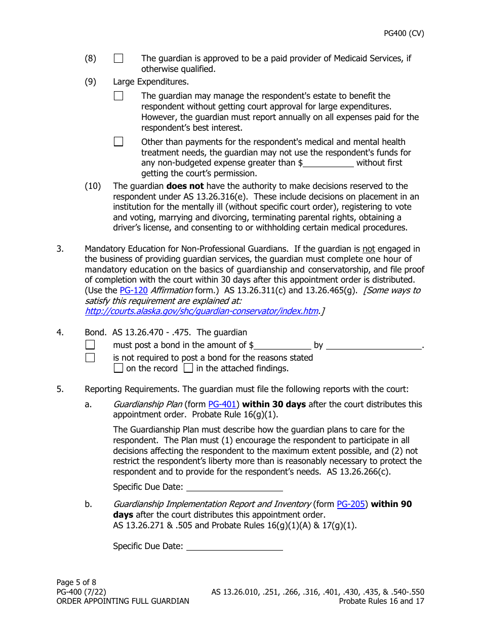 Form PG-400 Order Appointing Full Guardian With Powers of Conservator - Alaska, Page 5
