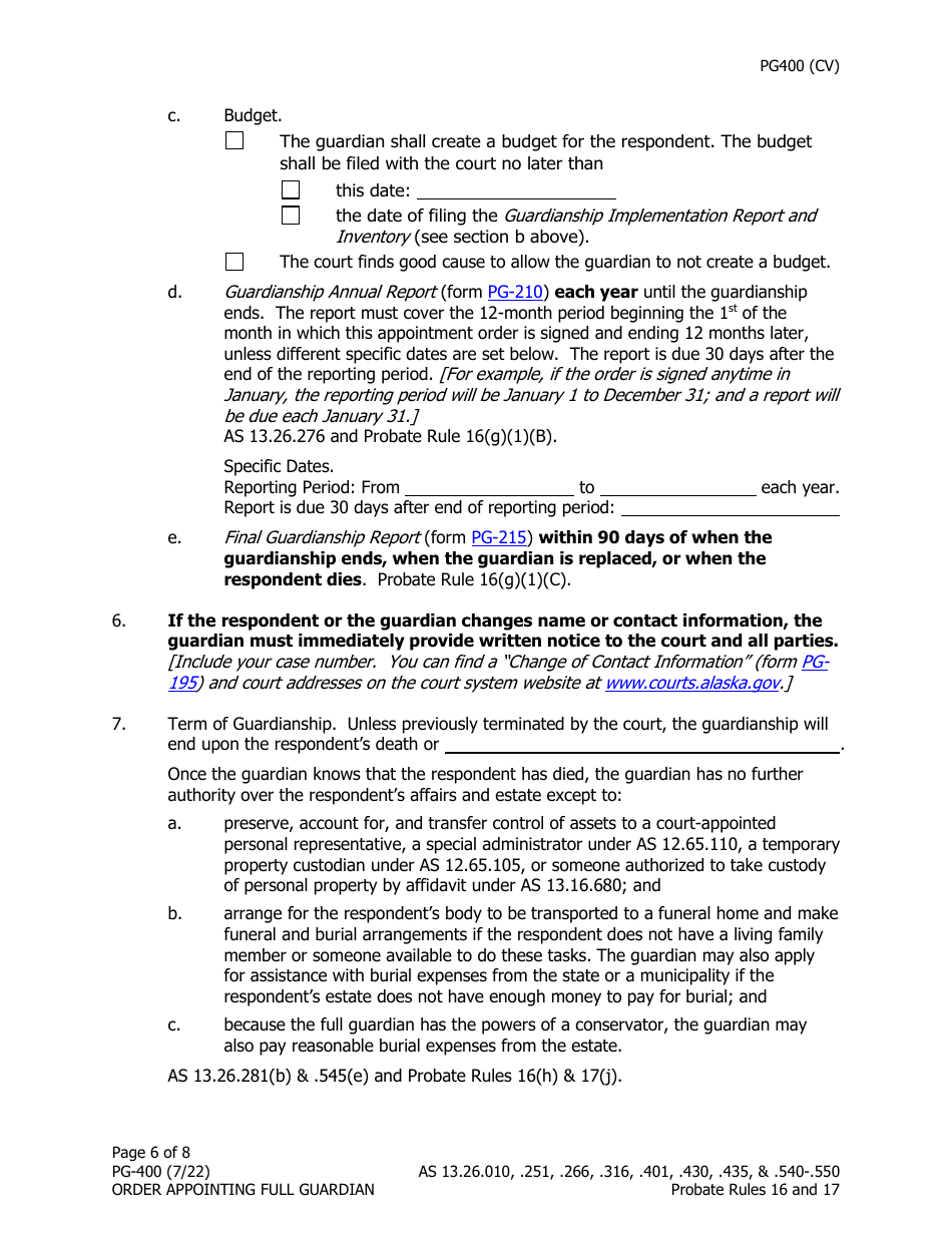 Form PG-400 Order Appointing Full Guardian With Powers of Conservator - Alaska, Page 6