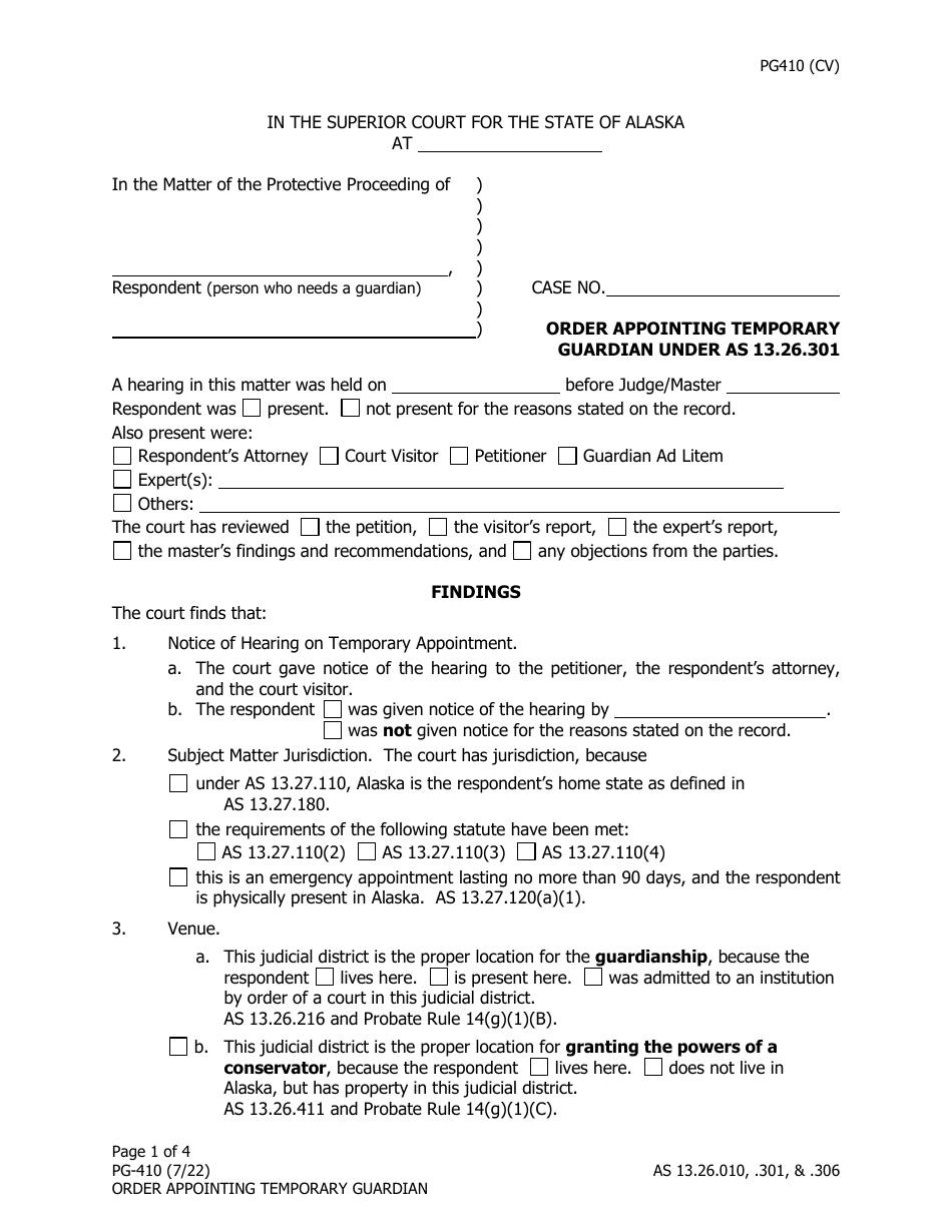 Form PG-410 Order Appointing Temporary Guardian Under as 13.26.301 - Alaska, Page 1