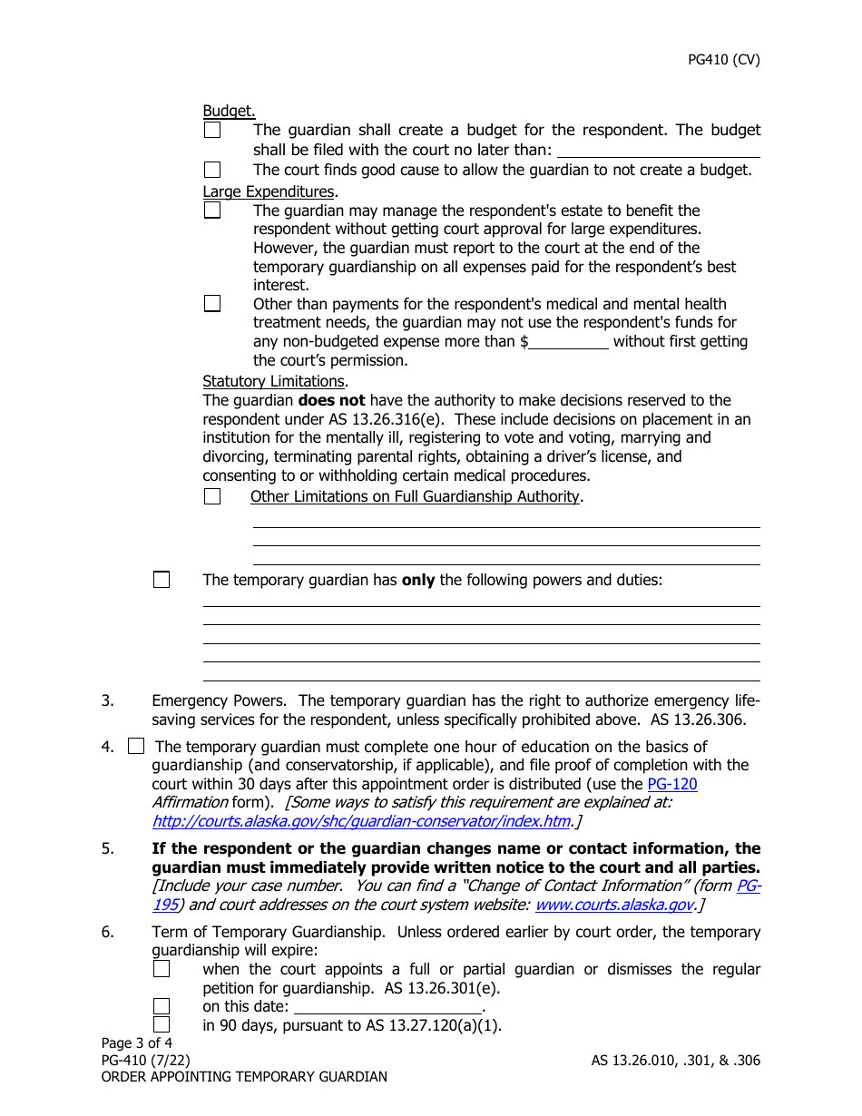 Form PG-410 Order Appointing Temporary Guardian Under as 13.26.301 - Alaska, Page 3