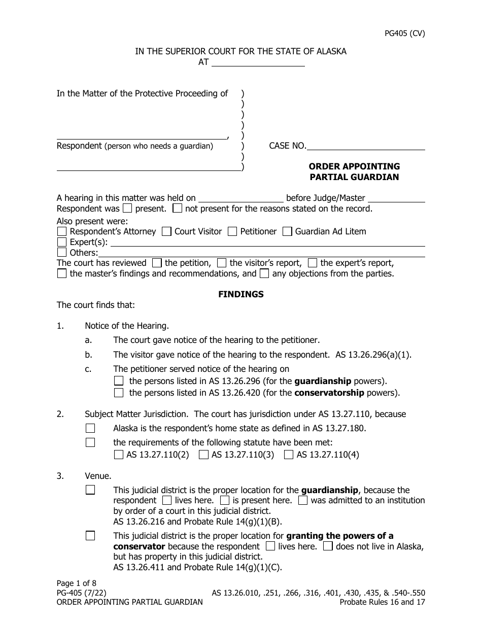 Form PG-405 Order Appointing Partial Guardian - Alaska, Page 1