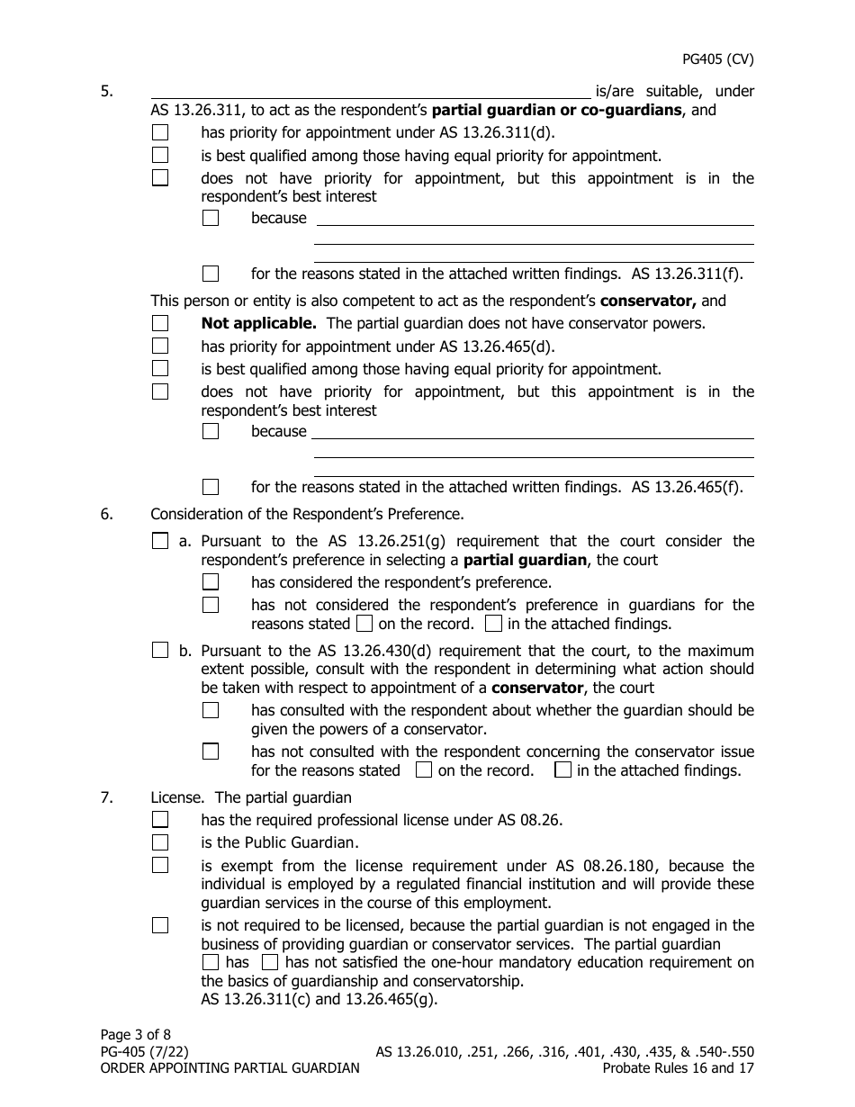 Form PG-405 Order Appointing Partial Guardian - Alaska, Page 3