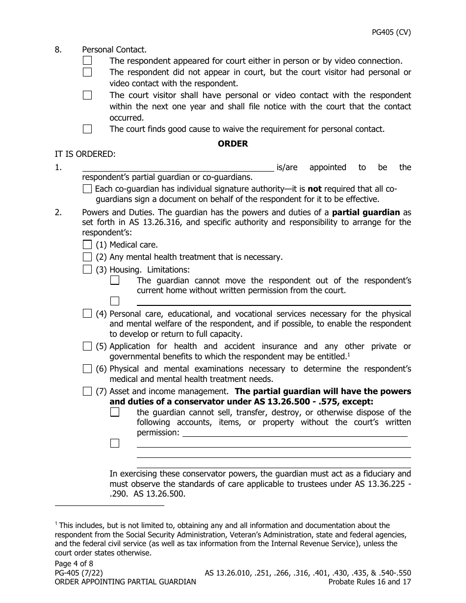 Form PG-405 Order Appointing Partial Guardian - Alaska, Page 4