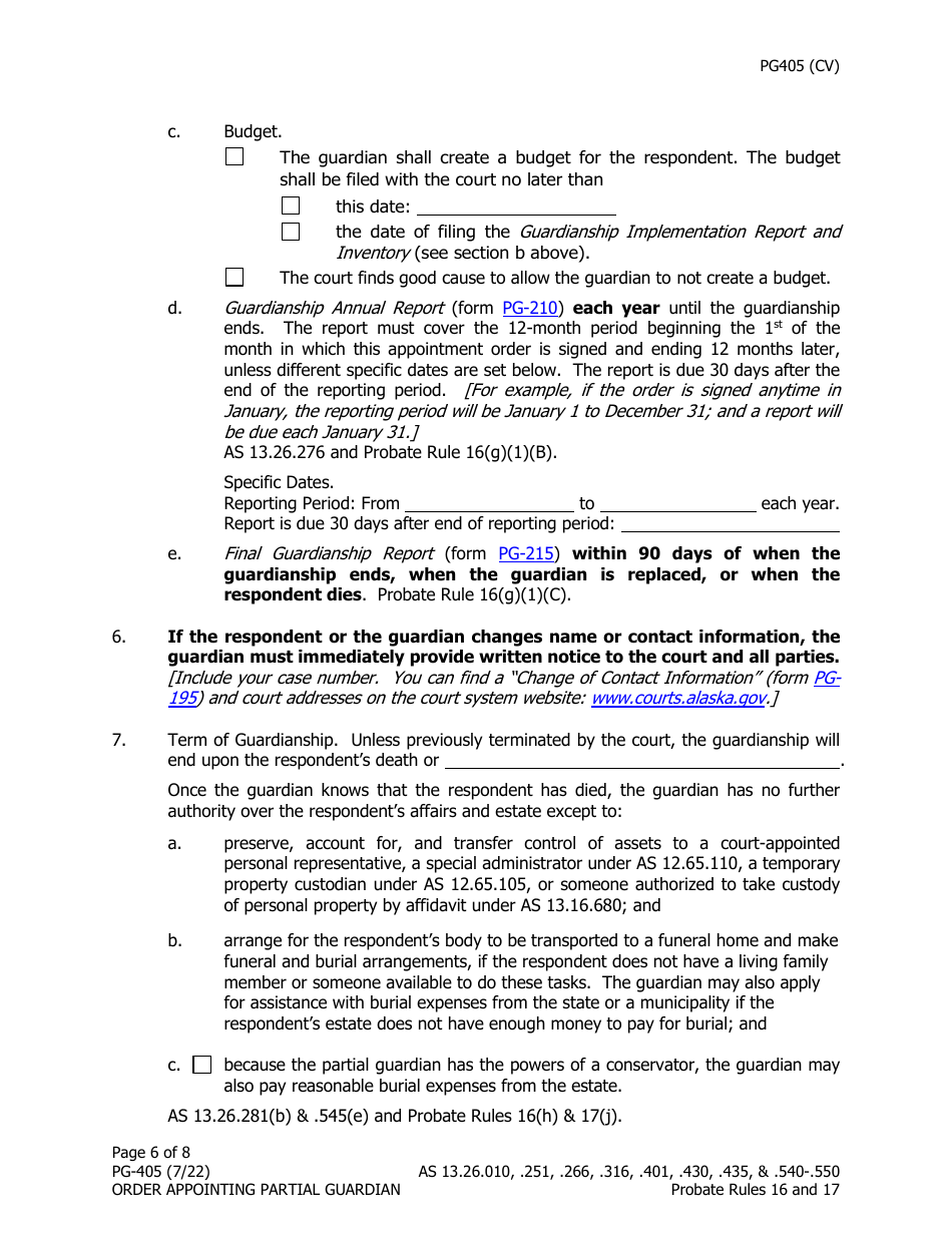 Form PG-405 Order Appointing Partial Guardian - Alaska, Page 6