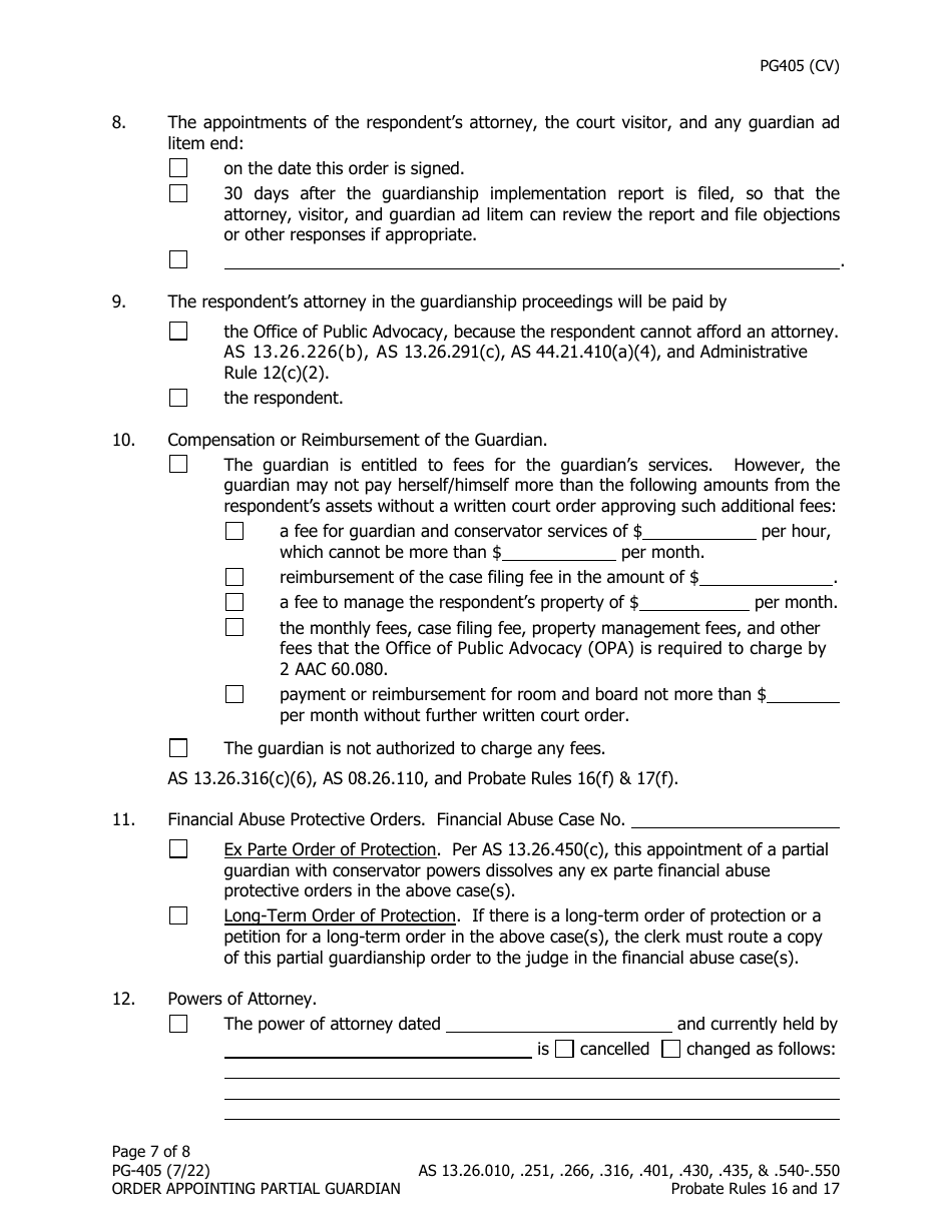 Form PG-405 Order Appointing Partial Guardian - Alaska, Page 7