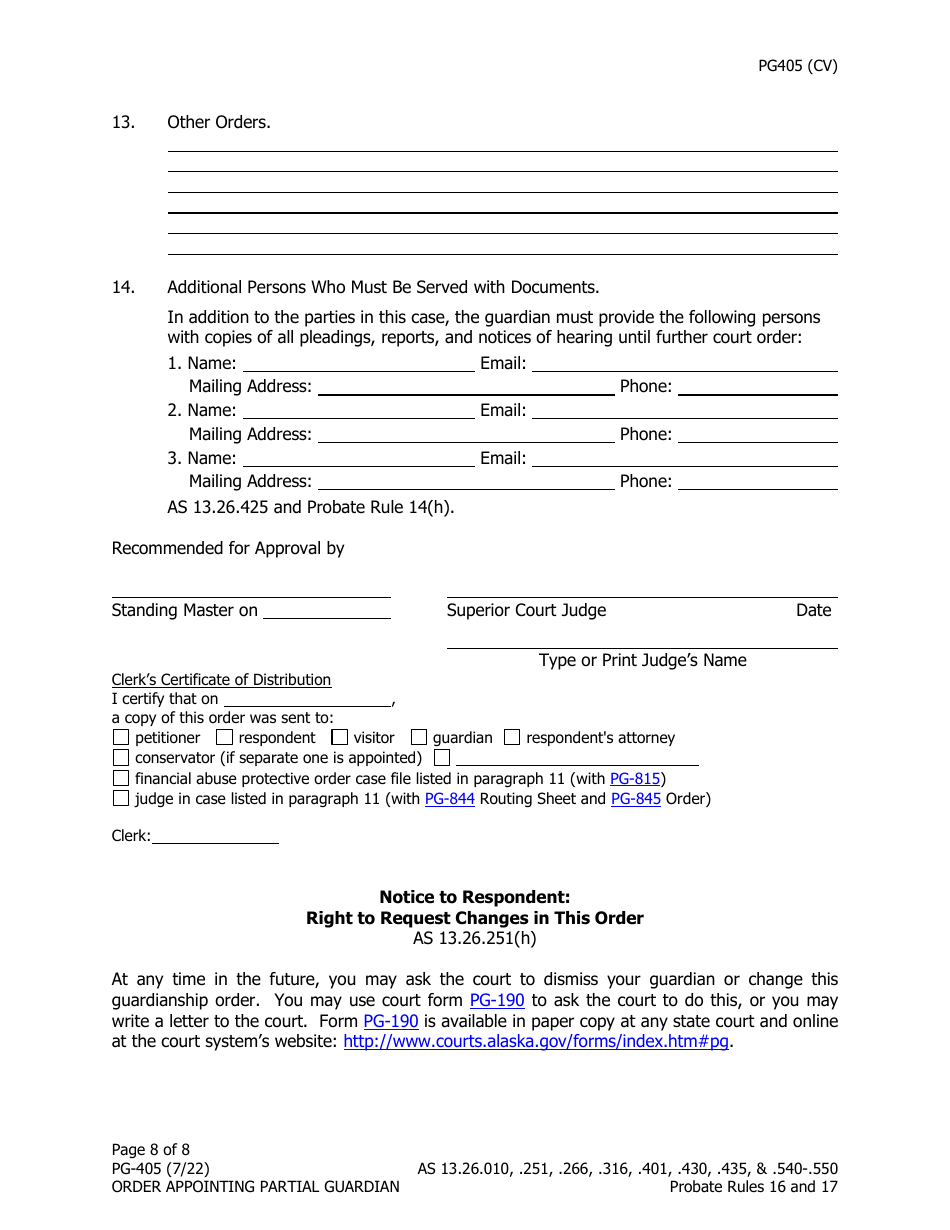 Form PG-405 Order Appointing Partial Guardian - Alaska, Page 8