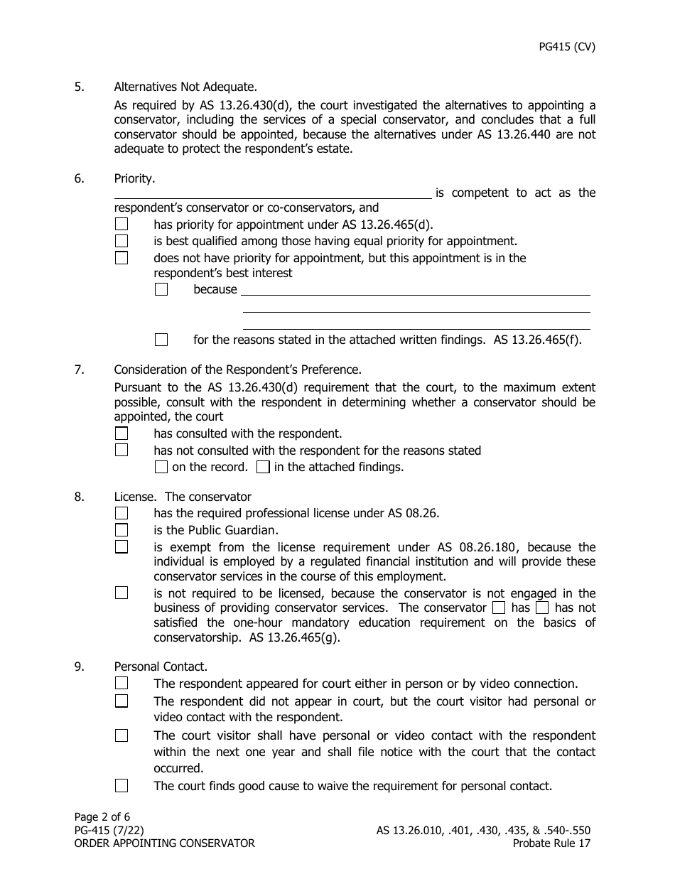 Form PG-415 Order Appointing Conservator - Alaska, Page 2