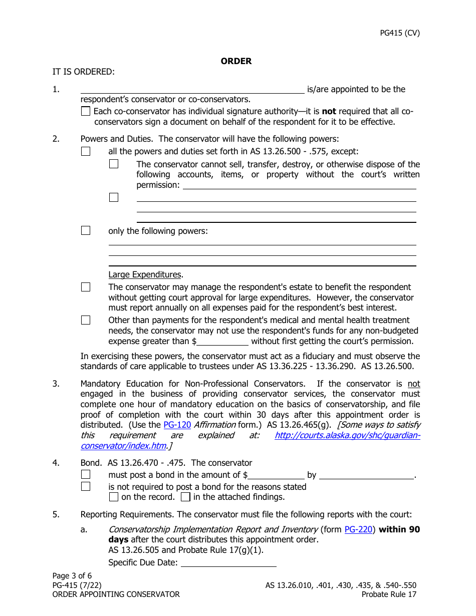 Form PG-415 Order Appointing Conservator - Alaska, Page 3