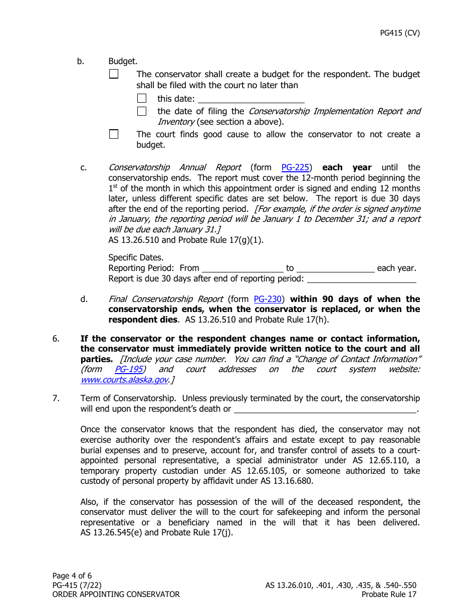 Form PG-415 Order Appointing Conservator - Alaska, Page 4