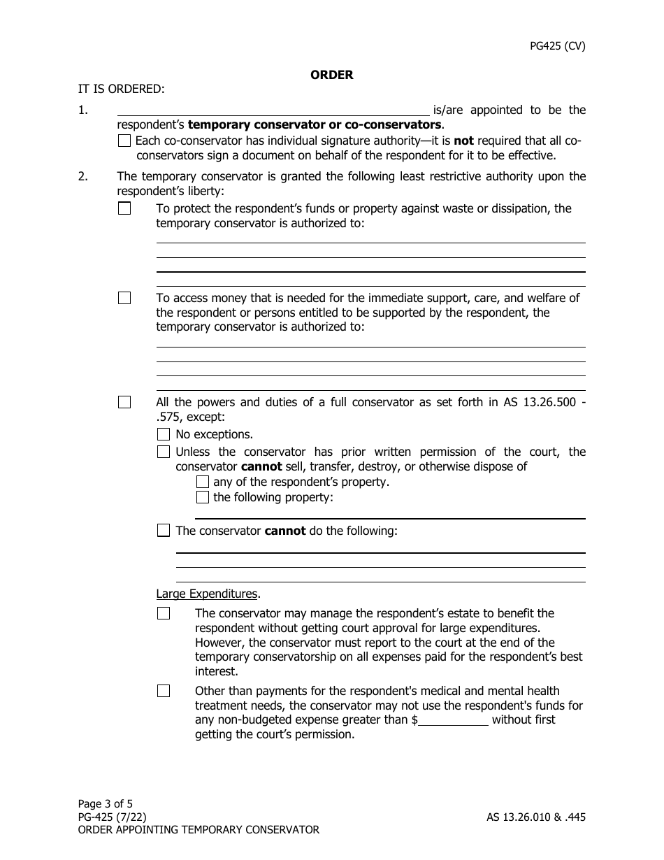 Form PG-425 Order Appointing Temporary Conservator Under as 13.26.445 - Alaska, Page 3