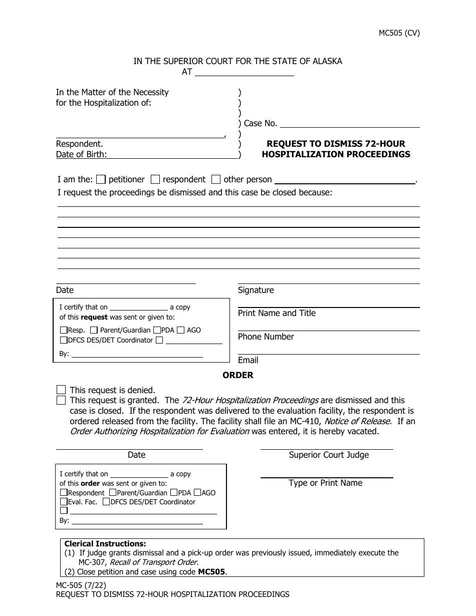 Form MC-505 Request to Dismiss 72-hour Hospitalization Proceedings - Alaska, Page 1