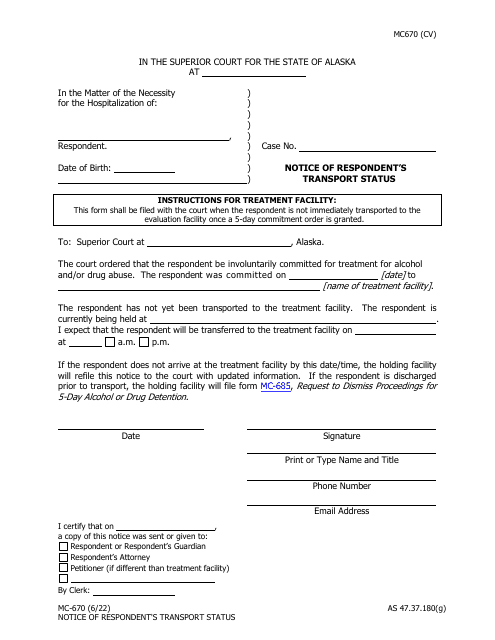 Form MC-670 Notice of Respondent's Transport Status - Alaska
