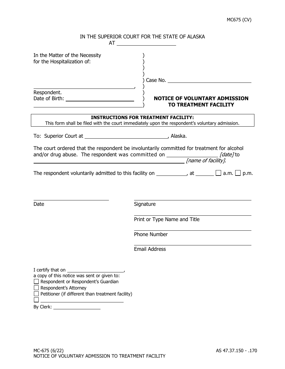 Form MC-675 Notice of Voluntary Admission to Treatment Facility - Alaska, Page 1