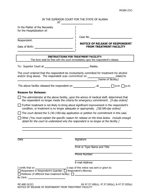 Form MC-680 Notice of Release of Respondent From Treatment Facility - Alaska