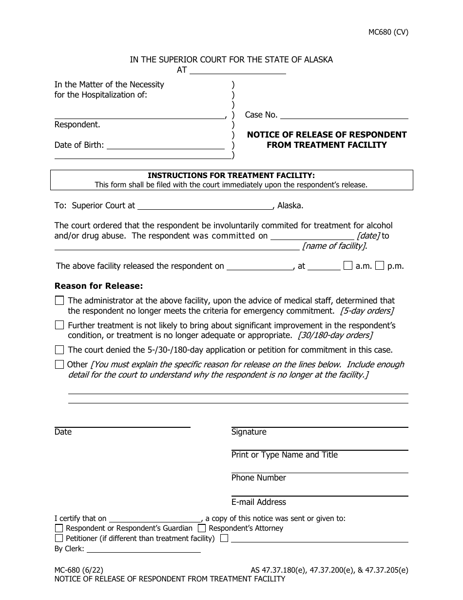 Form MC-680 Notice of Release of Respondent From Treatment Facility - Alaska, Page 1