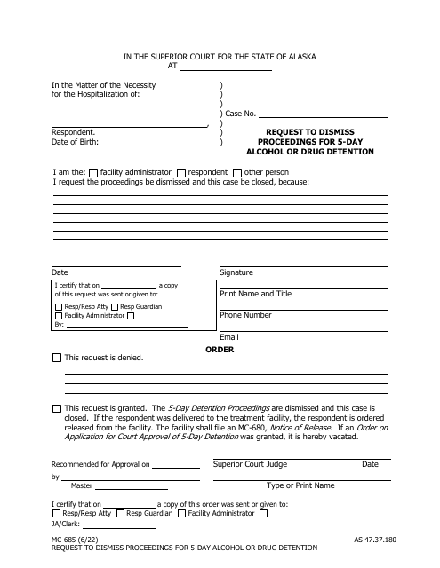 Form MC-685 Request to Dismiss Proceedings for 5-day Alcohol or Drug Detention - Alaska