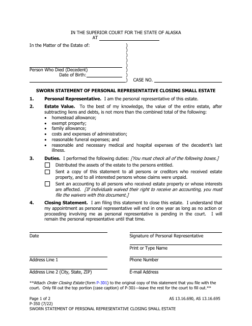 Form P-350 Sworn Statement of Personal Representative Closing Small Estate - Alaska