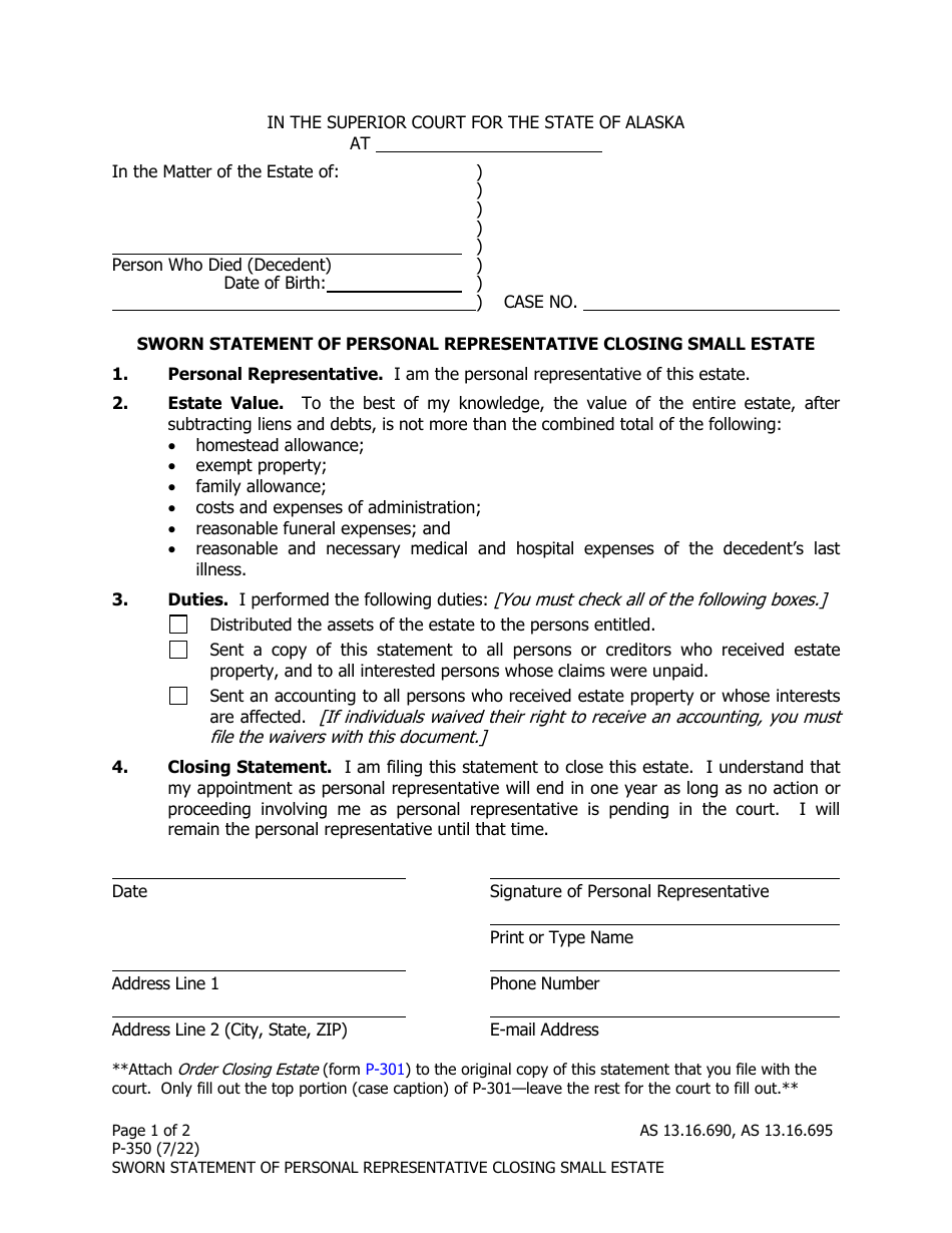 Form P-350 Sworn Statement of Personal Representative Closing Small Estate - Alaska, Page 1