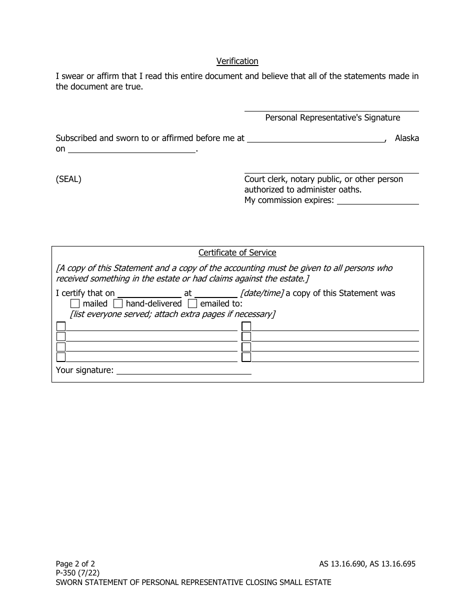 Form P-350 Sworn Statement of Personal Representative Closing Small Estate - Alaska, Page 2