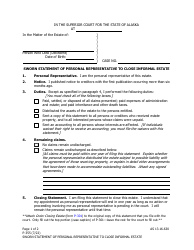 Document preview: Form P-355 Sworn Statement of Personal Representative to Close Informal Estate - Alaska