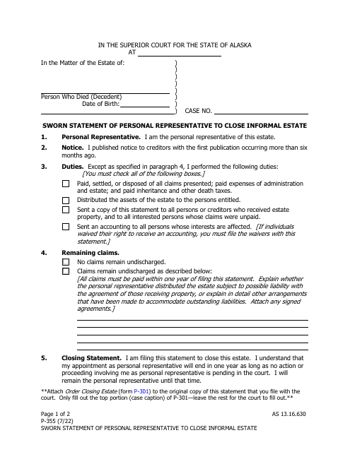 Form P-355 Sworn Statement of Personal Representative to Close Informal Estate - Alaska