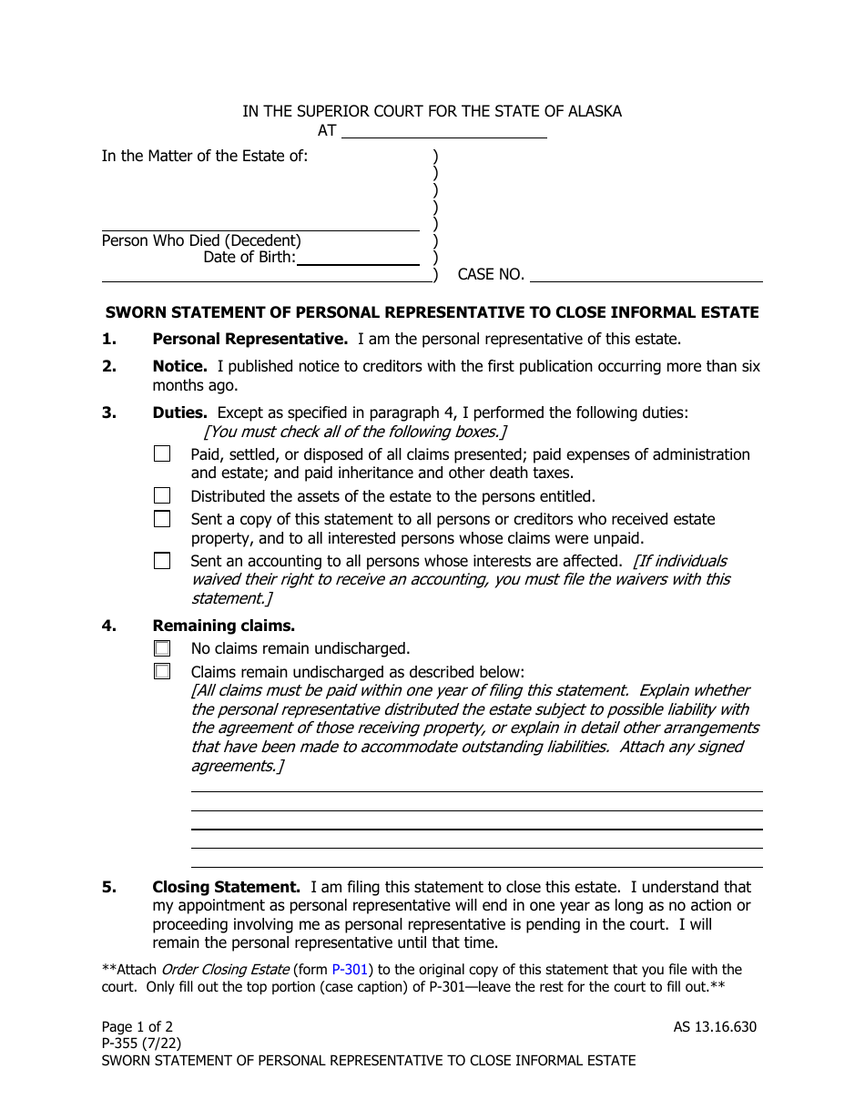 Form P-355 Sworn Statement of Personal Representative to Close Informal Estate - Alaska, Page 1